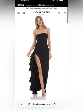 Lucy in the Sky Strapless Black Ruffle Maxi Dress with High Slit